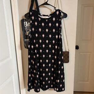 LOFT Black Dress with Light Pink Floral Motif - Sleeveless Swing